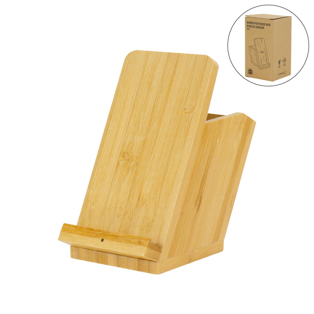 Bamboo-Pen-Holder-with-wireless-charger-WDS5-Blank.jpg حامل أقلام من الخيزران مع قاعدة شحن لاسلكي سريع 15W - الصورة 1