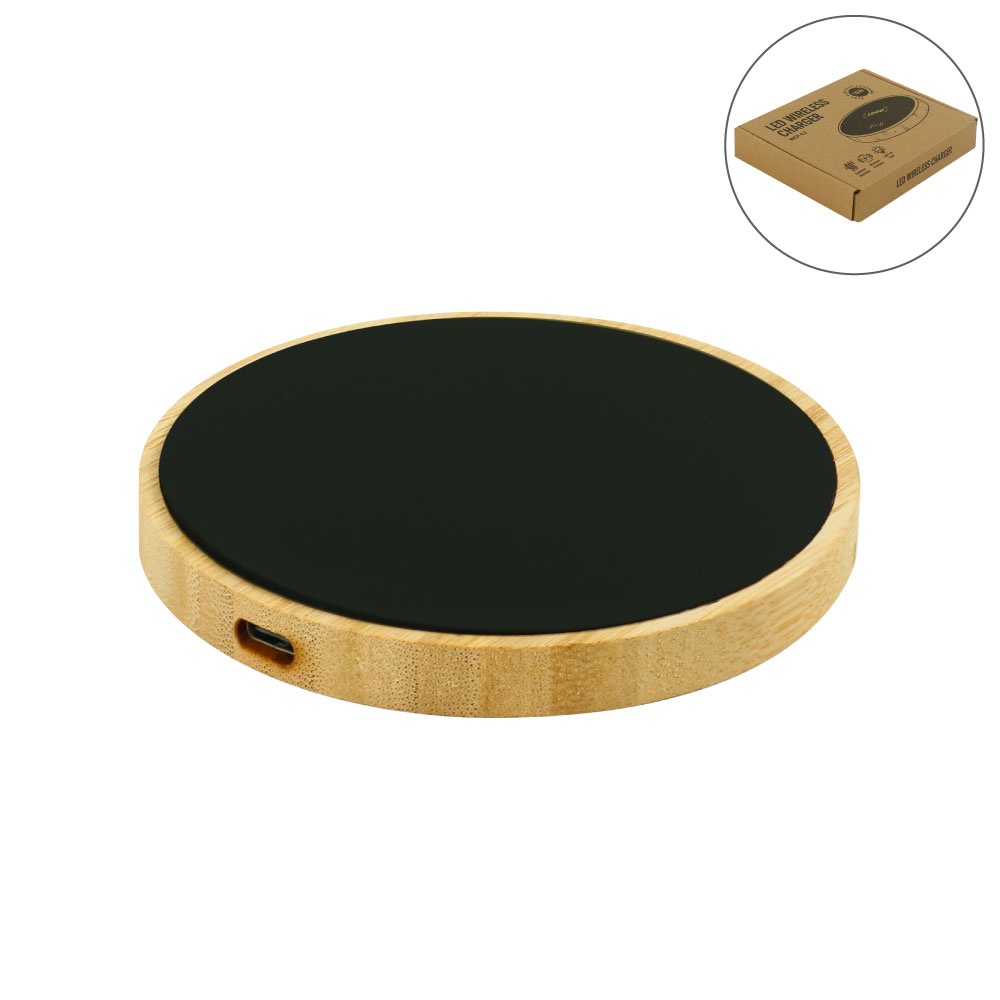 Bamboo-Wireless-Charger-WCP-L2-Blank.jpg شاحن لاسلكي من الخيزران 15W شحن سريع مع شعار LED مضيء - الصورة 1
