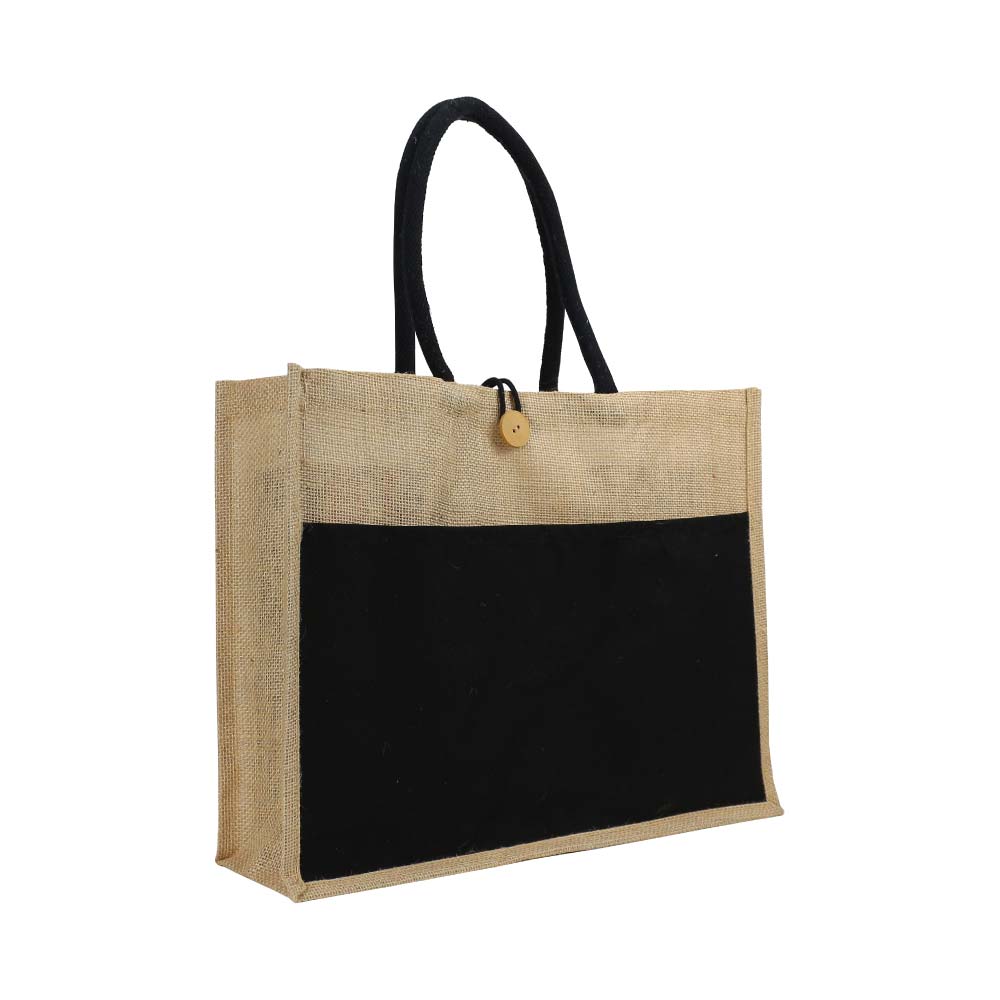Jute-Bag-JSB-08-BLK-Blank.jpg حقيبة تسوّق من الجوت مع جيب ومقابض من القطن الأسود - الصورة 1