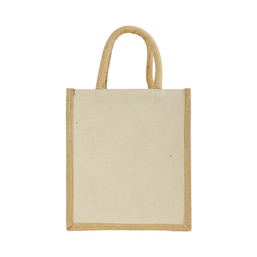 Laminated-Cotton-Bags-JSB-18-Blank-2.jpg أكياس قطن مُصفّح ترويجية مع قاعدة/جوانب من الجوت الطبيعي – 340 GSM (10 oz) - الصورة 1