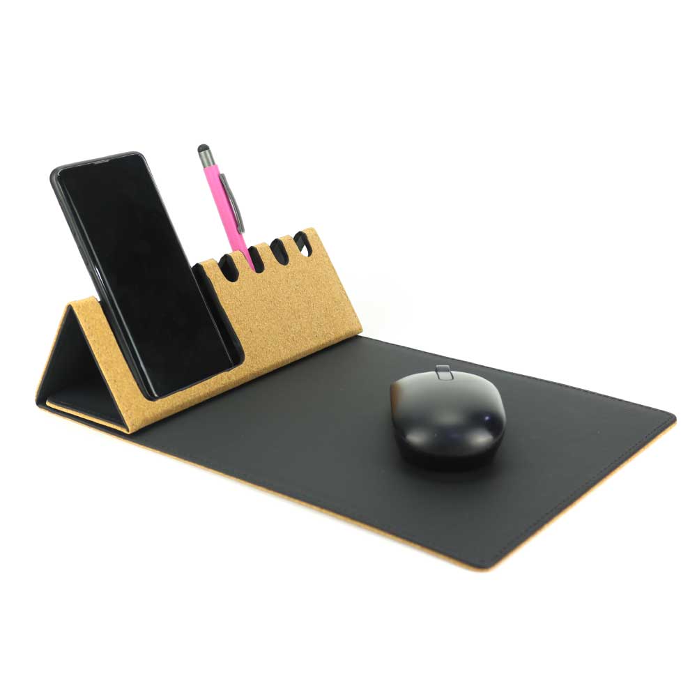 Multi-Function-Mousepad-Blank.jpg ماوس باد قابل للطي من الفلّين وPU مع حامل للهاتف والقلم - الصورة 1