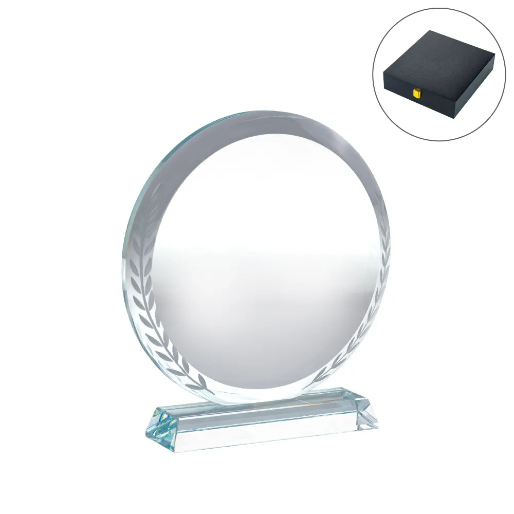 Round-Clear-Crystal-Award-with-Engraved-Leaves-CR-32-Blank.webp دروع كريستال دائرية شفافة بنقش أوراق محفور — زجاج كريستالي فاخر - الصورة 1