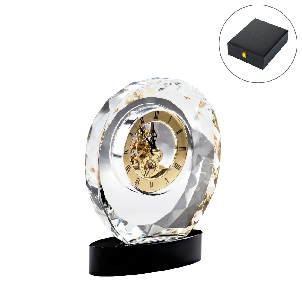 Round-Crystal-Clock-Awards-TR-10-Blank.webp دروع ساعة كريستالية دائرية مع قاعدة زجاجية بيضاوية داخل علبة فاخرة - الصورة 1