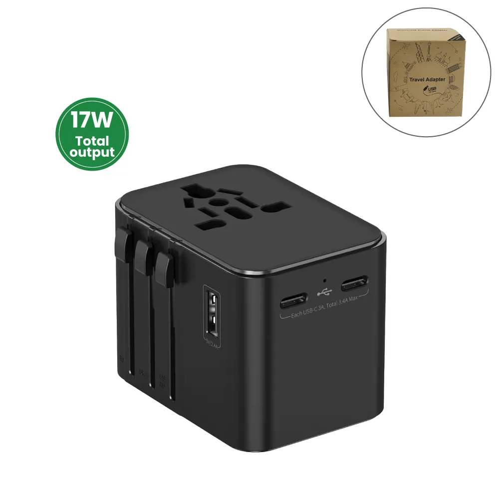 Universal-Travel-Adaptors-JU-TA-004-BK-Blank.webp ونيفيرسال ترافيل ادابتورس, ١٧دبليو, ٢تيبي سي+٢يو إس بي+إيه سي بورت - الصورة 1