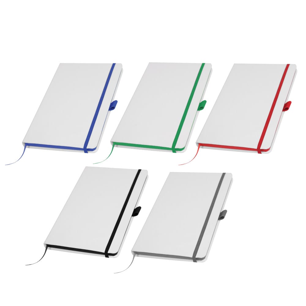 White-PU-Leather-Cover-Notebooks-MB-05-WW-Blank.jpg دفتر ملاحظات بحجم A5 بغطاء من جلد البولي يوريثان الأبيض، مزود بشريط وعلامة مرجعية - الصورة 1