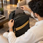 ⁦Backpack in PU Leather with Arabic Traditional Gold Bisht Design⁩ - الصورة ⁦3⁩