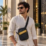⁦Crossbody Bag in PU Leather with Arabic Traditional Gold Bisht Design⁩ - الصورة ⁦3⁩