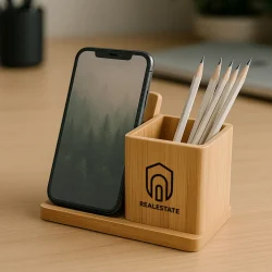 Branding Bamboo Pen Holder with 10W Wireless Charger