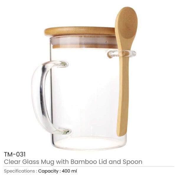 Clear Glass Mugs with Bamboo Lid and Spoon