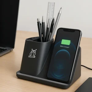 Desktop Pen Holder with Wireless Charger with Branding