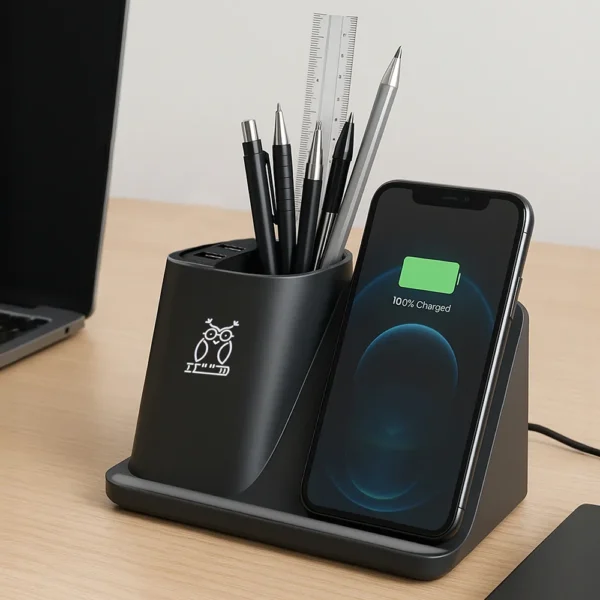 Desktop Pen Holder with Wireless Charger with Branding