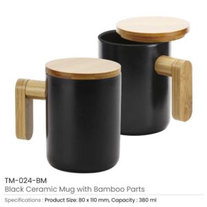 Black Ceramic Coffee Mugs with Bamboo Handle and Lid - Image 3