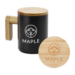 Black Ceramic Coffee Mugs with Bamboo Handle and Lid - Image 2