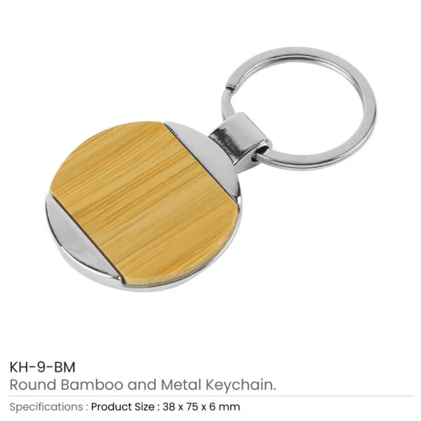Round Bamboo and Metal Keychains Details