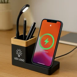 Bamboo Pen Holder with 15W Wireless Charger with Branding