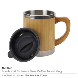 Bamboo & Stainless Steel Coffee Travel Mug with Handle and Lid - Image 3