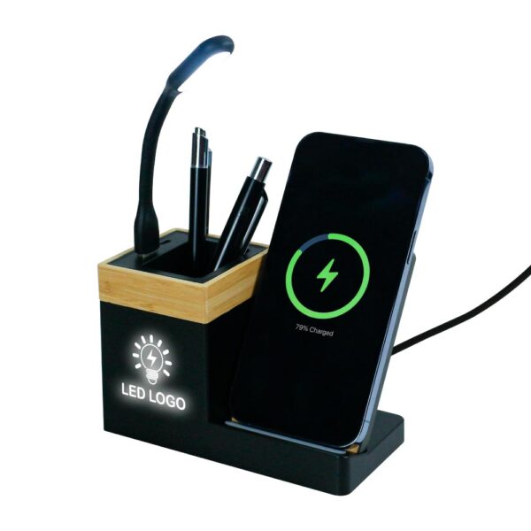 Branding LED Logo on Desk Pen Holder with Wireless Charger