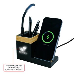 Branding LED Logo on Desk Pen Holder with Wireless Charger