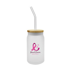 Glass Bottle with Straw and Breast Cancer Awareness Logo