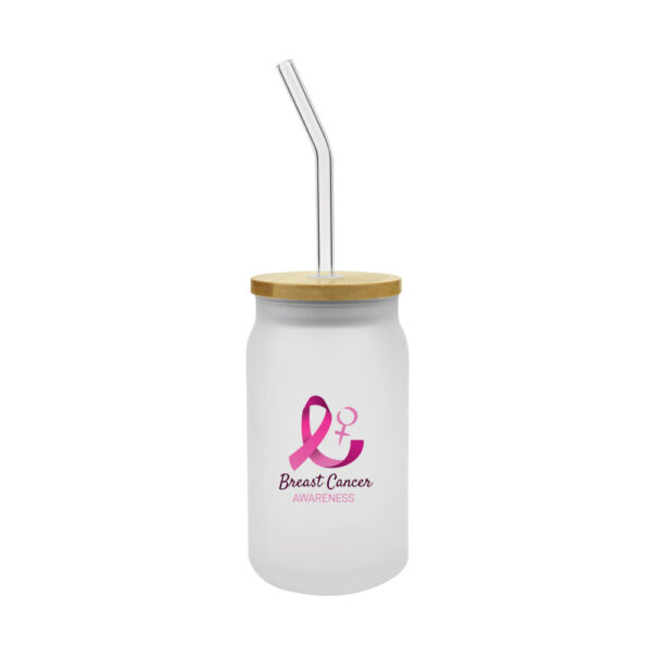 Glass Bottle with Straw and Breast Cancer Awareness Logo