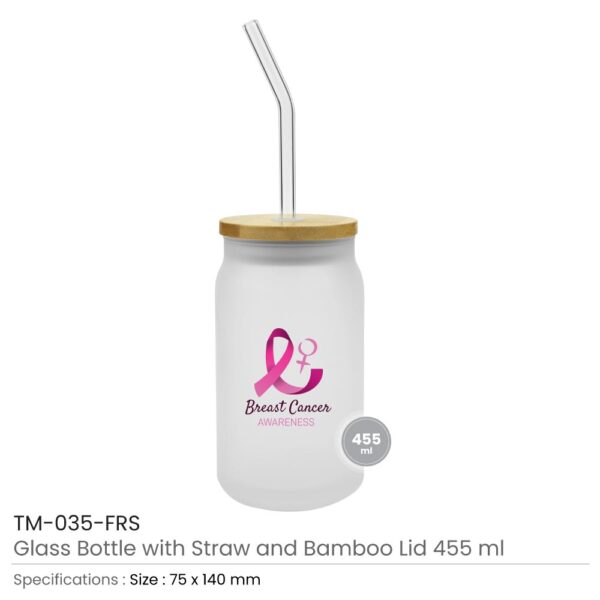 Glass Bottle with Straw and Breast Cancer Awareness Logo