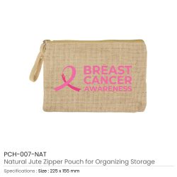 Jute Zipper Pouch with Breast Cancer Awareness Logo
