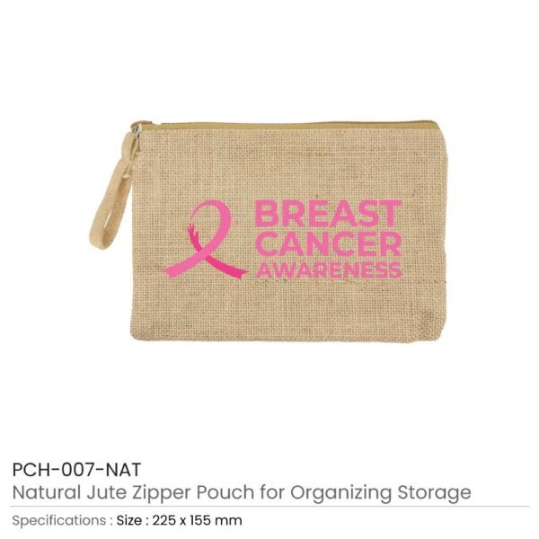 Jute Zipper Pouch with Breast Cancer Awareness Logo