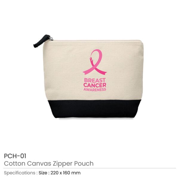 Carry Your Support in Style: Our cotton canvas zipper pouch, emblazoned with the Breast Cancer Awareness logo, combines practicality with a powerful message. Made from high-quality cotton canvas, this pouch is designed to be both durable and versatile, perfect for organizing your essentials while showing your commitment to breast cancer awareness. The pouch features a sturdy zipper closure to keep your items secure, and its spacious interior is ideal for holding cosmetics, stationery, or small personal items. The iconic pink ribbon logo stands out, representing your support for a crucial cause and spreading awareness wherever you go. Key Features: Material: Made from durable, high-quality cotton canvas for long-lasting use. Logo: Embellished with the Breast Cancer Awareness pink ribbon, making a meaningful statement. Design: Includes a secure zipper closure and a roomy interior to keep your essentials organized. Eco-Friendly: A sustainable choice, reducing the need for single-use plastic pouches. Versatile: Perfect for cosmetics, stationery, or small accessories. Ideal for personal use, gifts, or promotional events, this cotton canvas zipper pouch offers both functionality and a strong message of support. Carry your essentials and show your commitment to breast cancer awareness with every use.