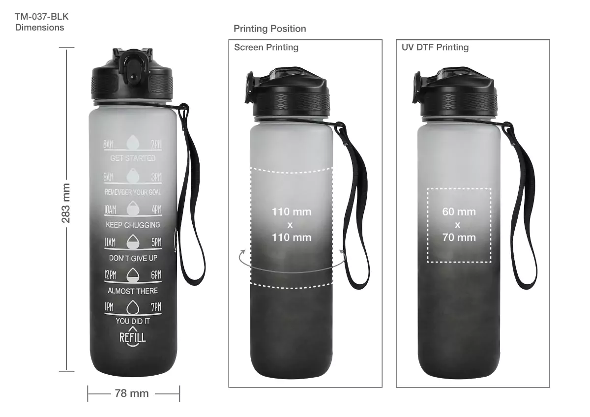 Motivational Water Bottles Printing Area Details