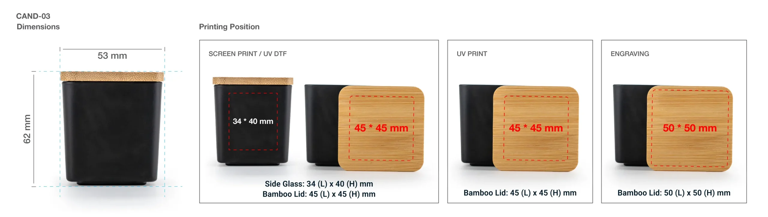 Scented Candle Square Glass with Bamboo Lid Printing Details