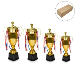 Metal Close Cup Trophies with Two-Sided Handle & Attached Ribbons - Image 1