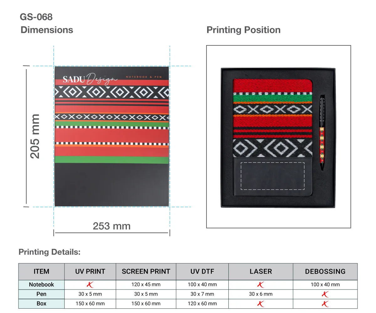 Notebook and Pen Giftset SADU Designs Printing Details