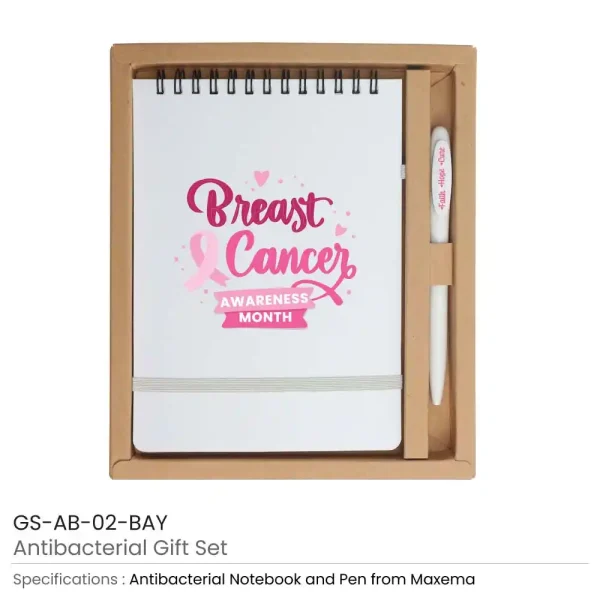 Antibacterial Gift Sets with Notepad and Pen and Breast Cancer Awareness Logo