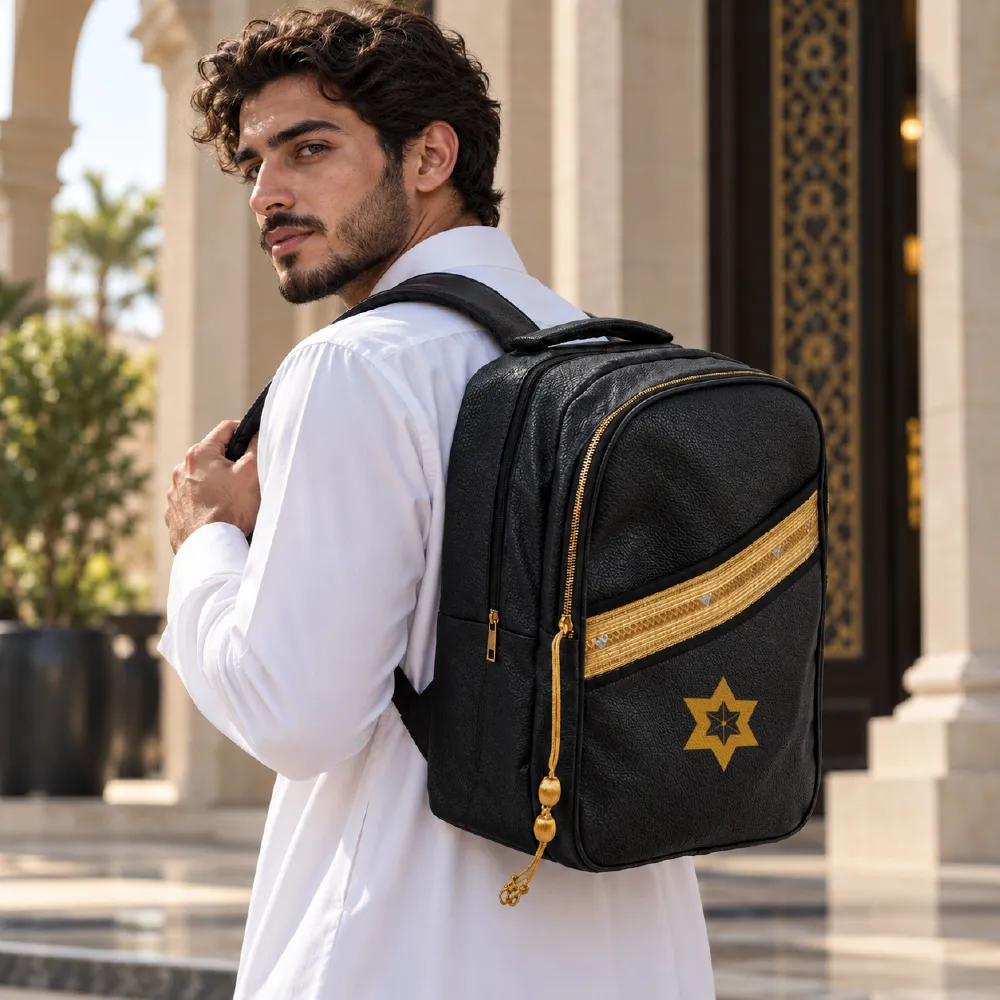 Backpack in PU Leather with Arabic Traditional Gold Bisht Design PU leather backpack with Arabic Traditional Gold Bisht Design and gold tassel zipper