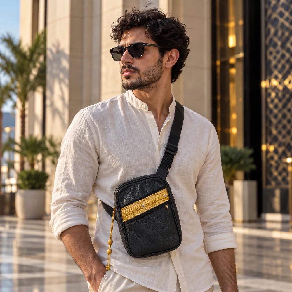 PU leather crossbody bag with Arabic gold Bisht design and gold tassel