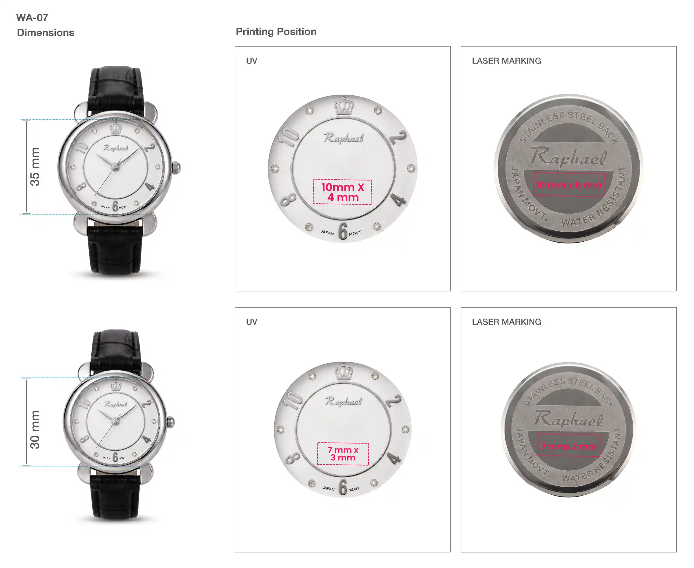 Raphael Ladies Wrist Watches Printing Details Raphael Ladies Wrist Watches dial printing and case back engraving details