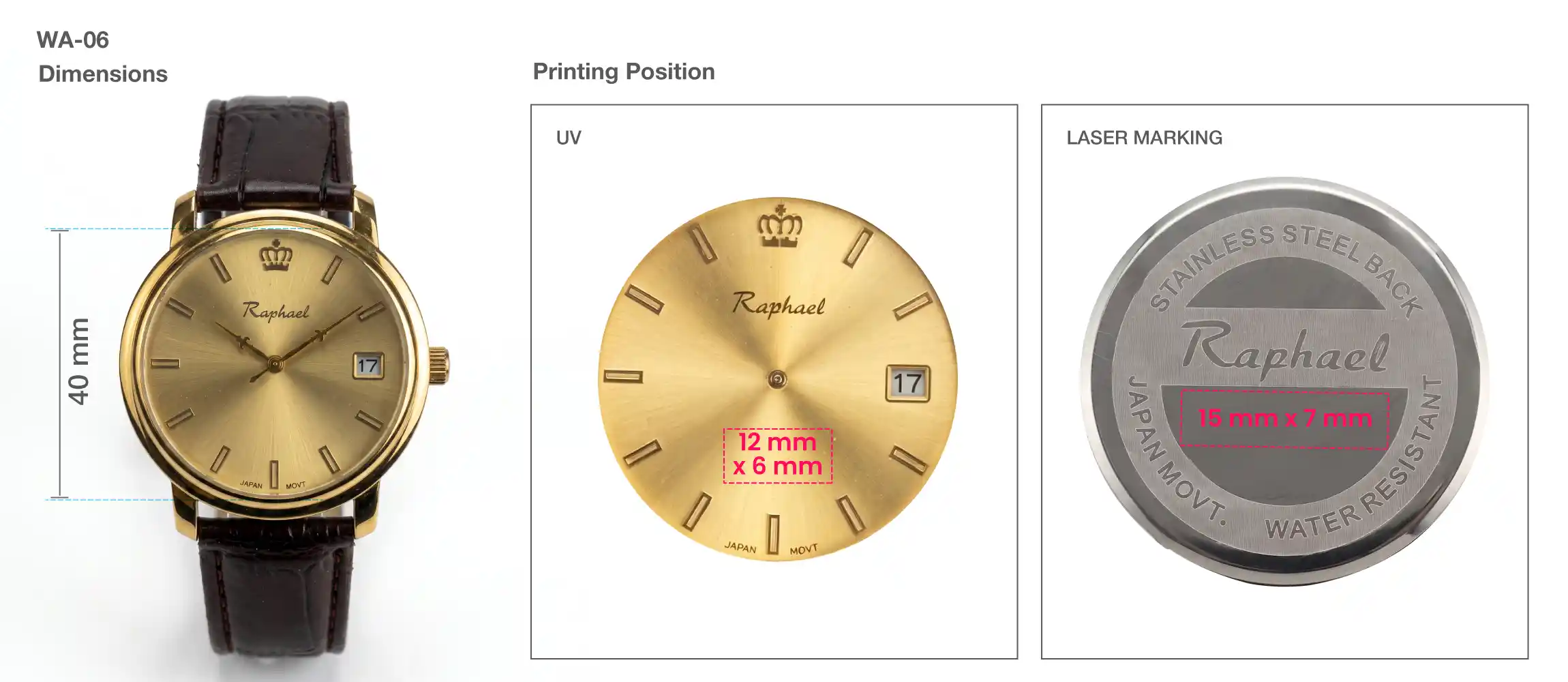 Raphael Professional Gents Watches UV dial printing and laser engraving details