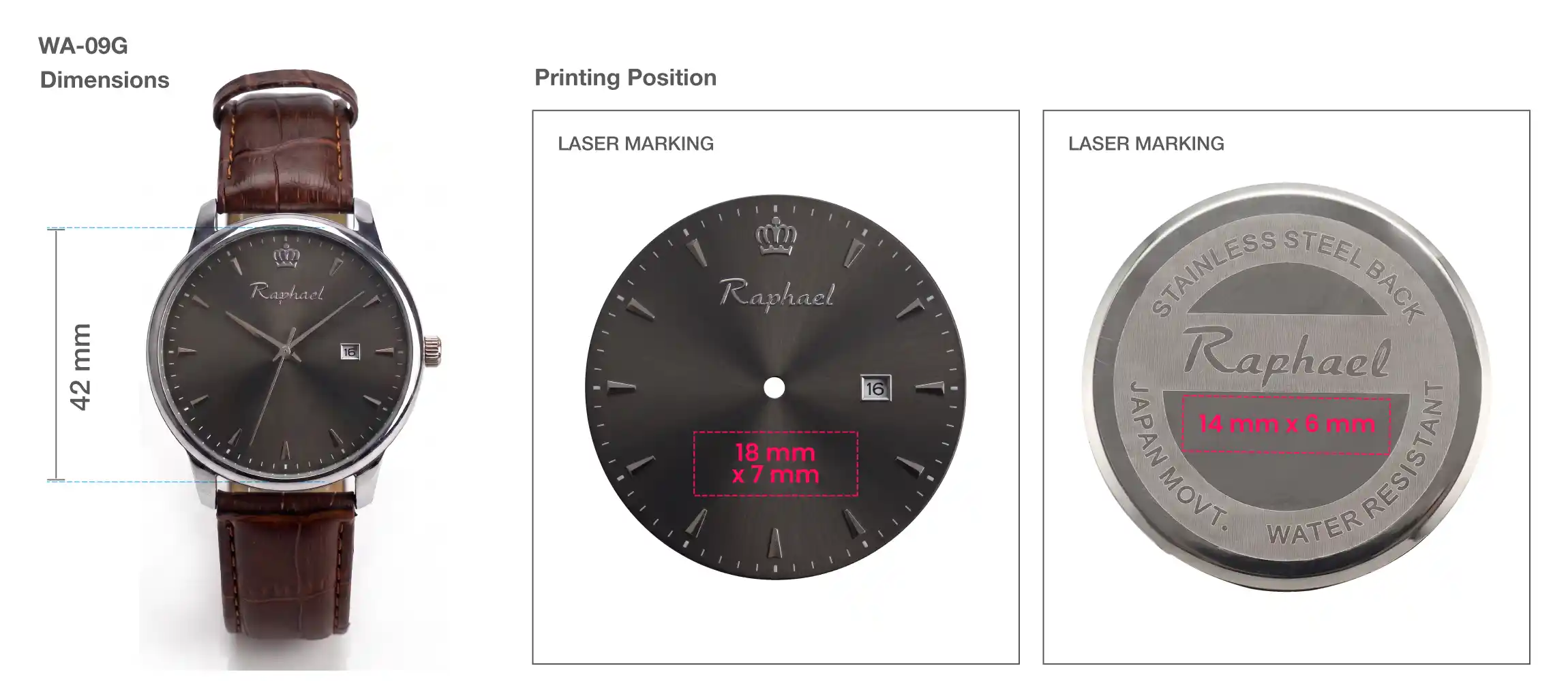 Raphael Gents Wrist Watches dial and case back laser marking details